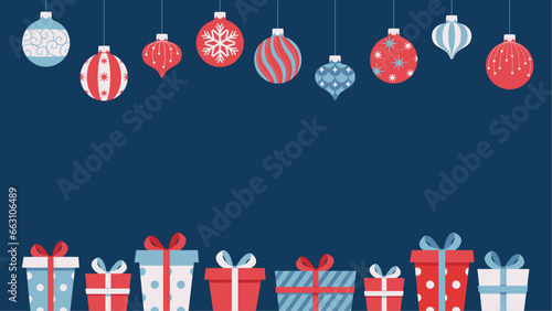 Title background material decorated with Christmas ornaments and gift boxes