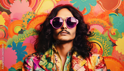 retro man with long hair, moustache and sunglasses in front of the colourful background