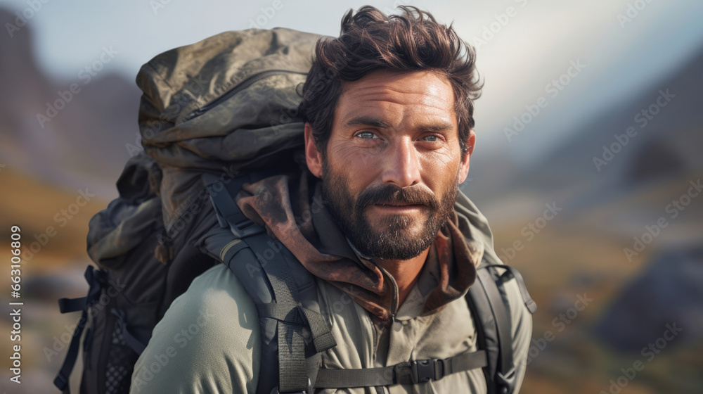 Headshot of a hiker with a backpack,  exploring natures wonders on rugged trails