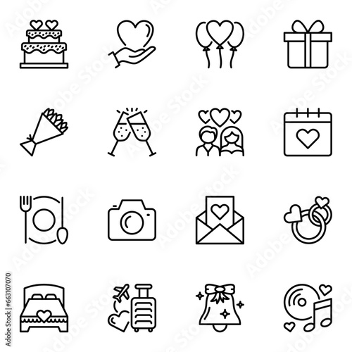 Wedding Related Vector line icons set. invitation, balloon, calendar, romance, ceremony, present, ring, music, outline, wedding, event, party, photo, graphic, heart, camera, bridal, bouquet, envelope
