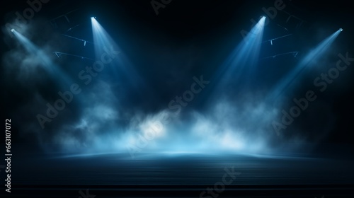 Epic Stage Illumination. Blue vector spotlight, smoke, and stadium ambiance on black backdrop
