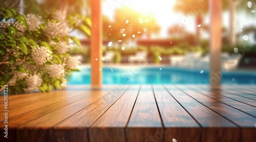 Wooden surface with a blurred background of a swimming pool