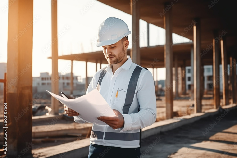 Civil Engineer In shirt and black pants, Reading the plan, Man is working on the construction site at daytime Civil Engineer In shirt and black pants, Reading the plan, Man is working on the construction site at daytime