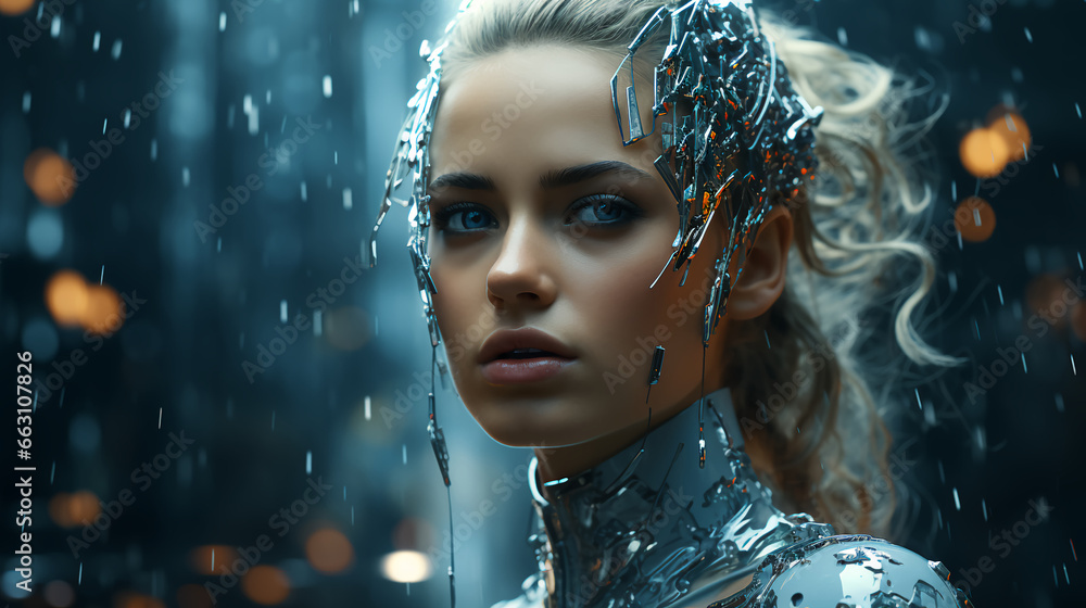 Beautiful face of a futuristic hi-tech cyborg robot woman. Connecting man and computer with artificial intelligence in the future of humanity