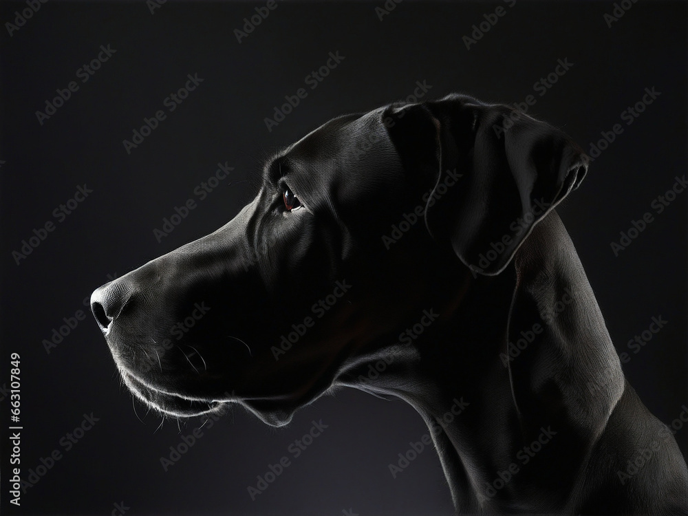 profile of a Great Dane dog in the dark, on the black background, silhouette lighting