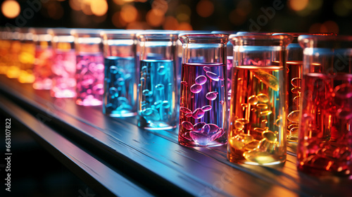 Multi-colored glass flasks and flasks with chemical test tubes in a scientific medical microbiological laboratory with research equipment photo