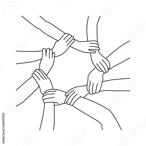 Cropped shot of a group of hands holding on to each other at the wrist against line art vector icon.