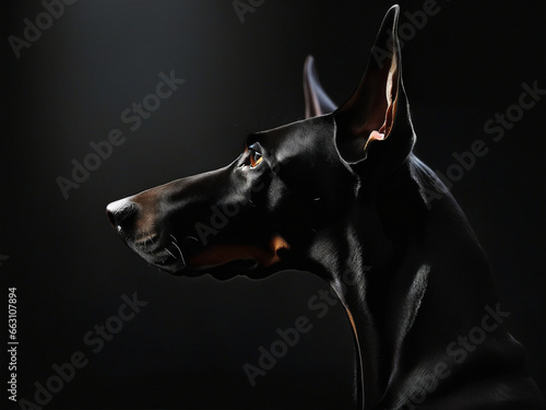 profile of a Doberman in the dark, on the black background, silhouette lighting