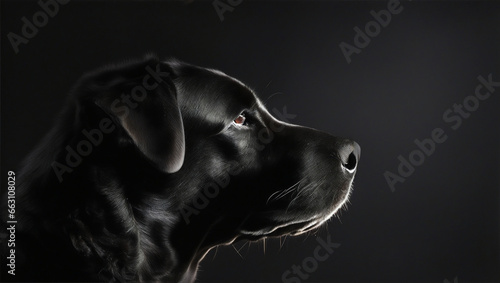 profile of a black dog in the dark, on the black background, silhouette lighting