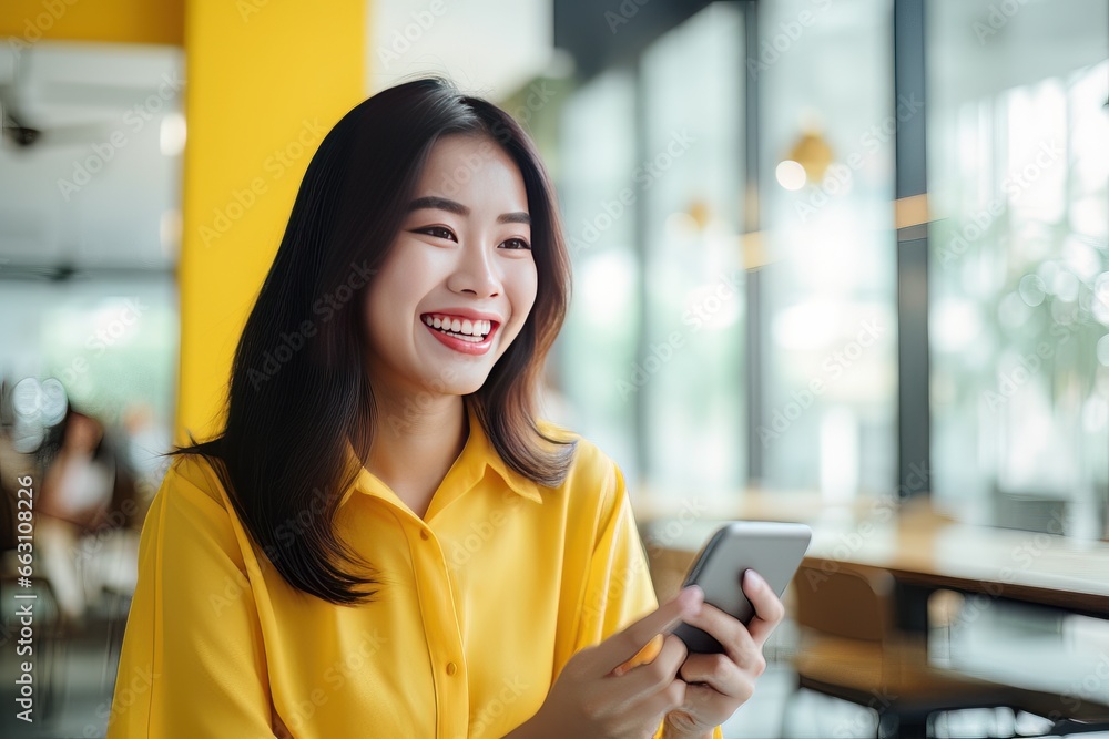 Portrait of Happy Asian Woman Holds Smartphone in Modern Office, Smiling Female Shopping Online, Bueatiful Manager Working Financial Reports with Mobile Application Portrait of Happy Asian Woman Holds Smartphone in Modern Office, Smiling Female Shopping Online, Bueatiful Manager Working Financial Reports with Mobile Application