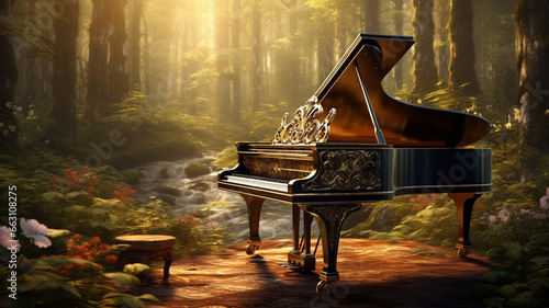 Grand piano in beautiful forest.
