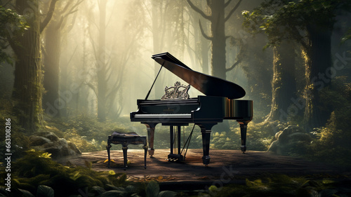 Grand piano in beautiful forest.