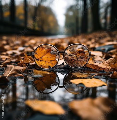 Autumn leaves with glasses on the ground with reflection 