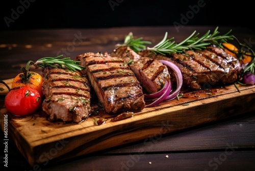 Savory grilled steak on a rustic wooden platter adorned with flavorful herbs and spices. Generative AI