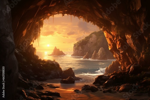 An enchanting coastal scenery showcasing a cave bathed in warm sunset light. Generative AI