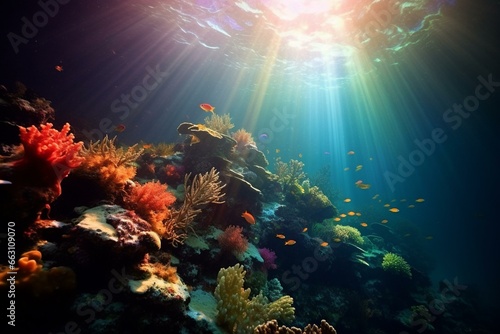 Bright aquatic lights illuminate the stunning coral reef underwater. Generative AI