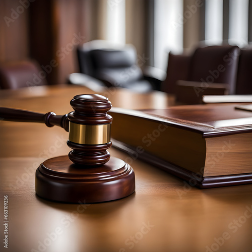 Photo judge's gavel and a book on a wooden table Generative AI 