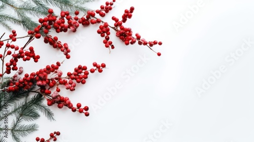 Creative Floral for winter,christmas composition,Spruce branches red flat lay on white background 