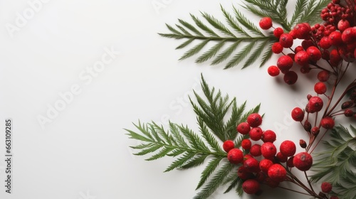Creative Floral for winter christmas composition Spruce branches red flat lay on white background 
