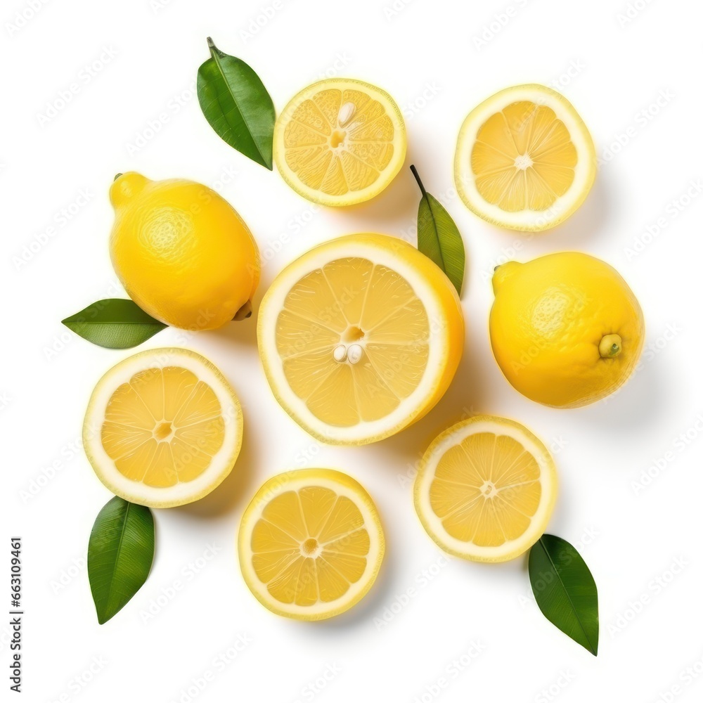 Creative fruits composition. Beautiful whole sliced lemons on white background,flat lay