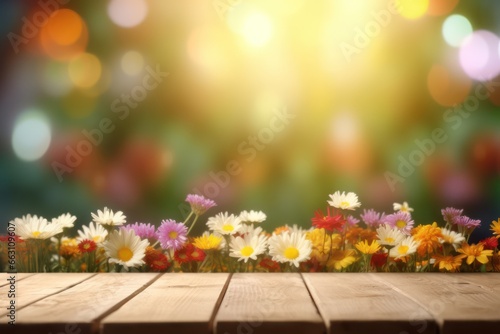empty wooden table top with flower bokeh soft morning light background © SaraY Studio 