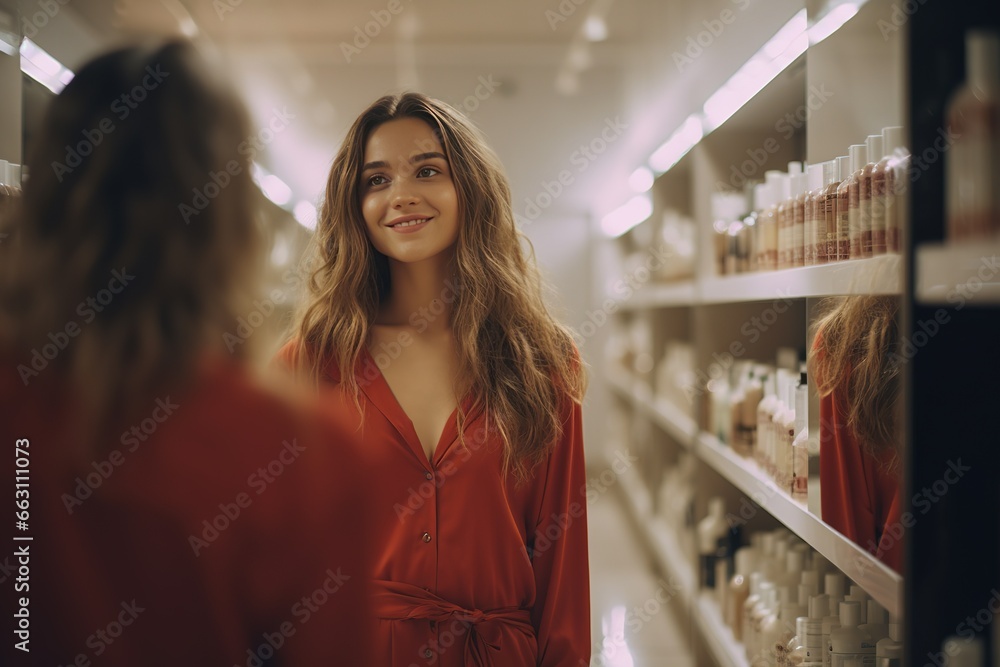A positive European young woman in a red blouse looks at herself in the mirror in a supermarket in the cosmetics and perfumery department against the background of counters and display cases.