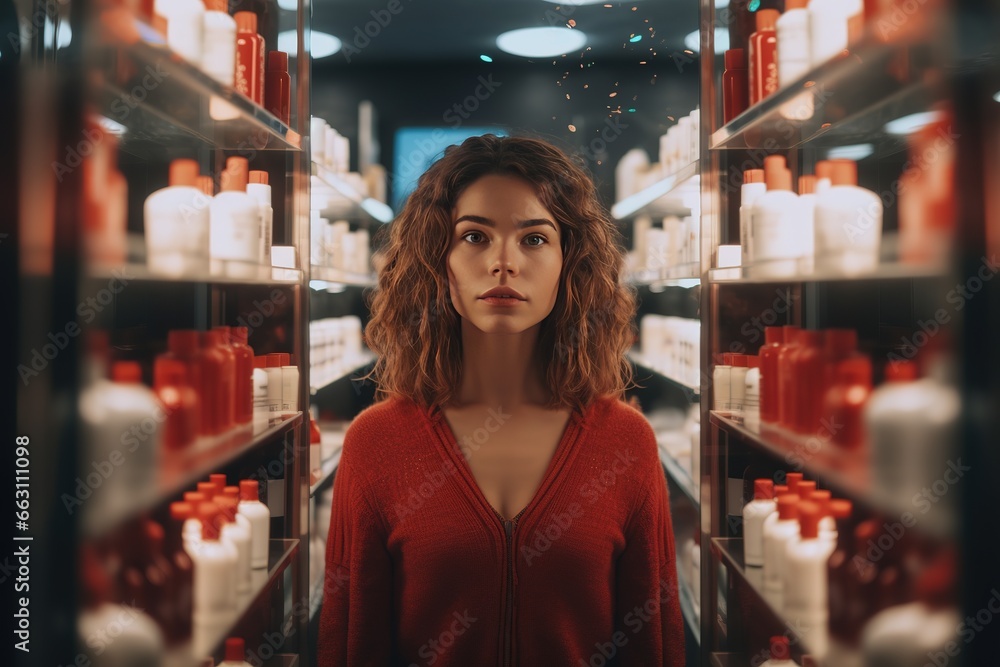 A positive European young woman in a red blouse looks at herself in the mirror in a supermarket in the cosmetics and perfumery department against the background of counters and display cases.