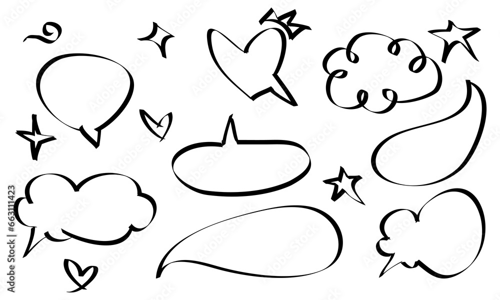 Hand drawn speech bubbles, star and sparkle. Doodle elements on set. isolated on white background. vector illustration Hand drawn speech bubbles, star and sparkle. Doodle elements on set. isolated on white background. vector illustration