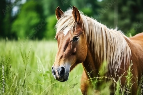 Brown horse with blond hair eats grass on a green meadow detail from the head. © Ahasanara