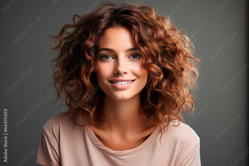 portrait of a beautiful young woman with curly hair on gray background portrait of a beautiful young woman with curly hair on gray background