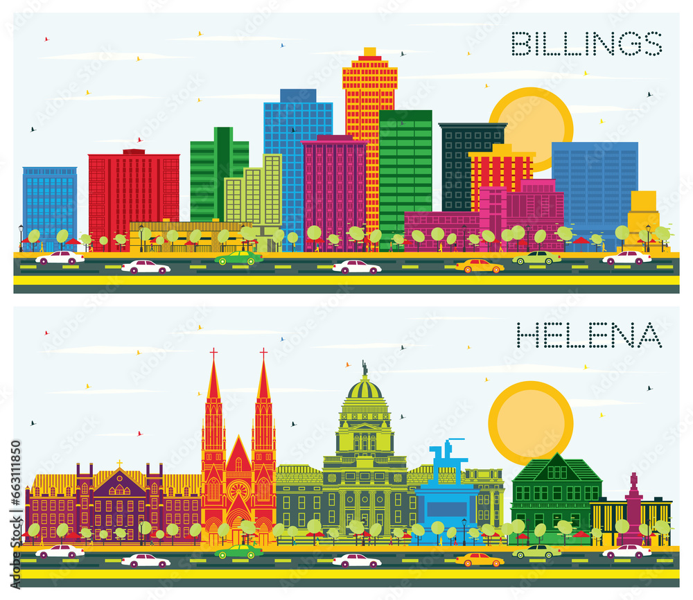 Helena and Billings Montana City Skyline set with Color Buildings and Blue Sky. Cityscape with Landmarks.
