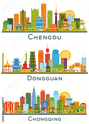 Photography Dongguan, Chongqing and Chengdu China city Skyline set with Color Buildings isolated on white