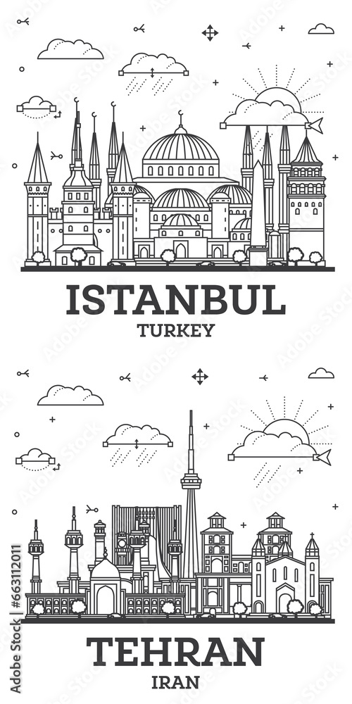 Outline Tehran Iran and Istanbul Turkey City Skyline set with Historic Buildings Isolated on White.