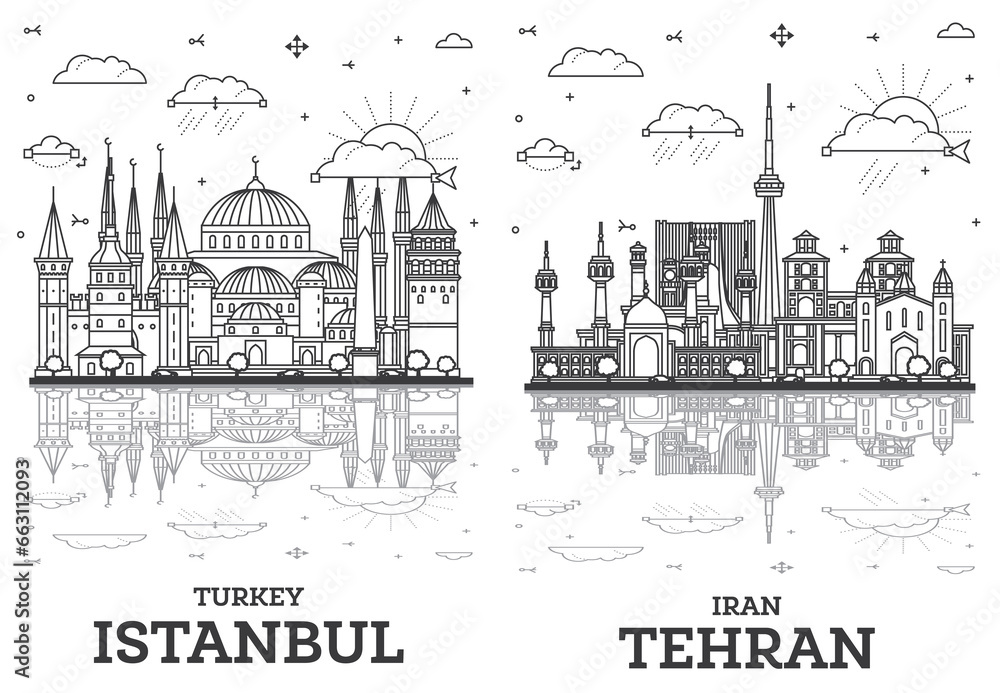 Outline Tehran Iran and Istanbul Turkey City Skyline set with Historic Buildings and Reflections Isolated on White.