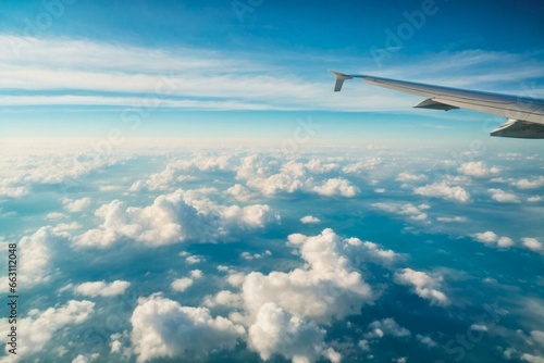 A breathtaking view of the sky from an airplane window  with fluffy white clouds floating against a backdrop of serene blue. The sun s rays peek through the clouds  casting a warm glow on the horizon