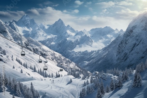 Scenic snowy mountains with chairlift and skiers for a winter getaway. Generative AI