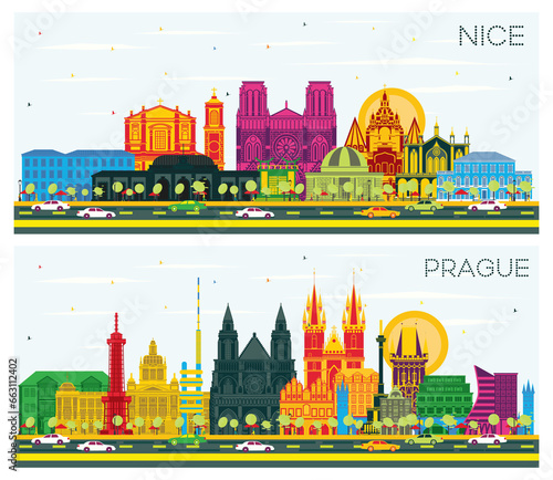 Prague Czech Republic and Nice France City Skyline set with Color Buildings and Blue Sky. Business Travel and Concept with Historic Architecture. Cityscape with Landmarks.