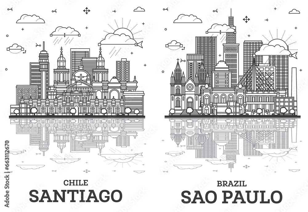 Outline Sao Paulo Brazil and Santiago Chile City Skyline set.