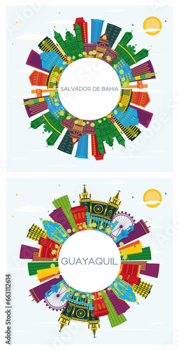 Guayaquil Ecuador and Salvador de Bahia City Skyline set with Color Buildings, Blue Sky and Copy Space. Travel and Tourism Concept with Historic Architecture. Cityscape with Landmarks.