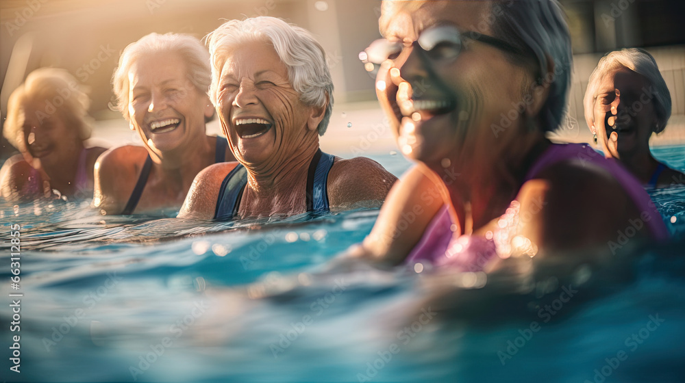 Fototapeta premium Active senior women enjoying aqua fit class in a pool, displaying joy and camaraderie, embodying a healthy, retired lifestyle. Exercise in water.