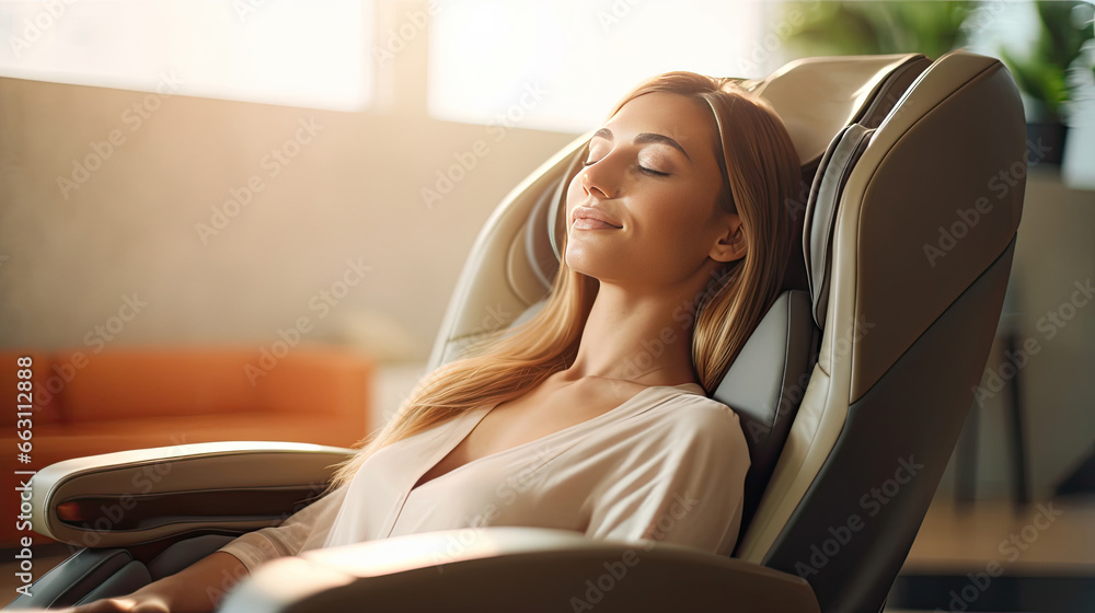 Beautiful woman relaxing on the massage chair in the living room. Electric massage chair. Beautiful woman relaxing on the massage chair in the living room. Electric massage chair.