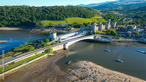 Aerial view of Conwy Castle and the historic town of Conwy in North Wales, United Kingdom photo