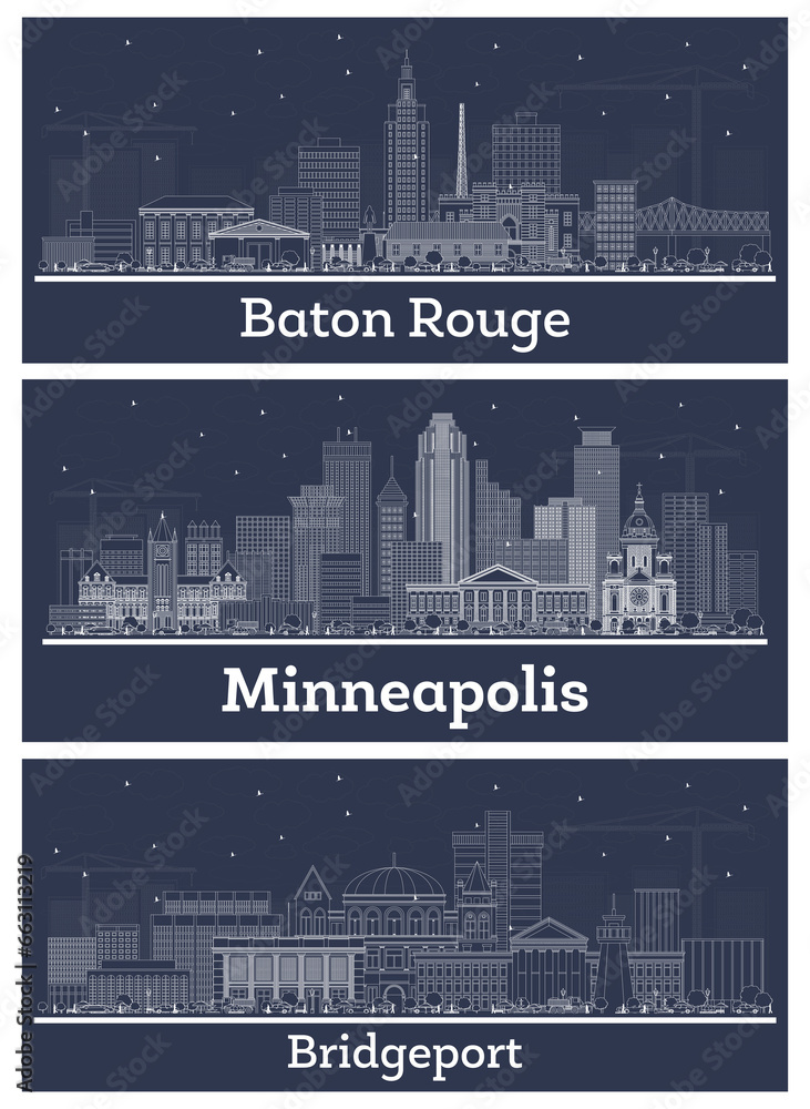 Outline Minneapolis Minnesota, Bridgeport Connecticut and Baton Rouge Louisiana City Skyline set with White Buildings.