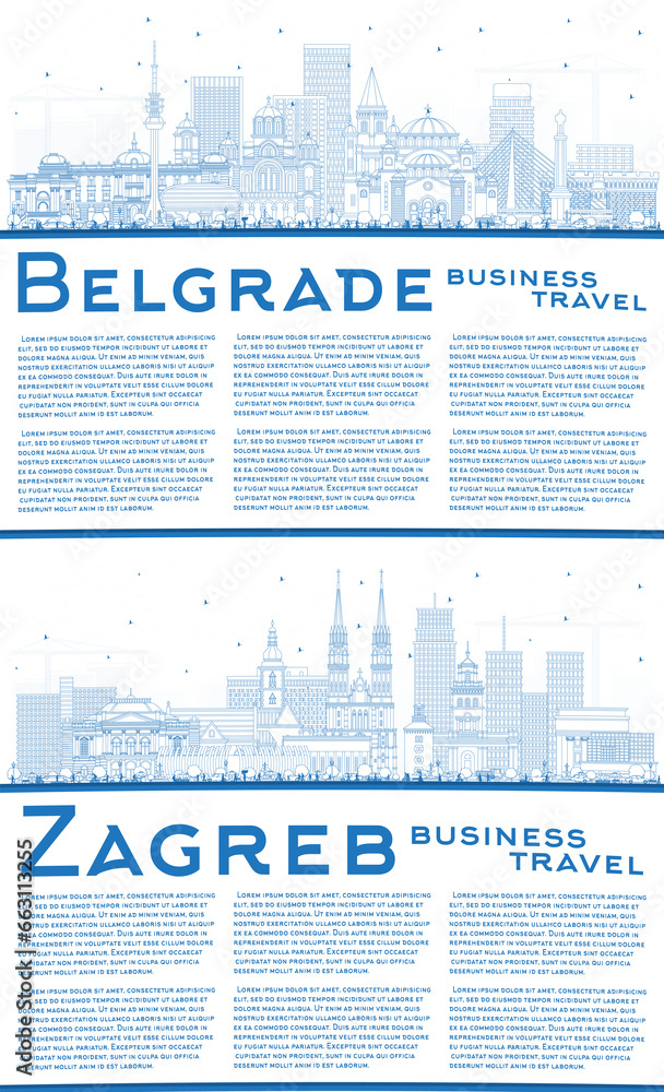 Outline Zagreb Croatia and Belgrade Serbia City Skyline set with Blue Buildings and Copy Space.