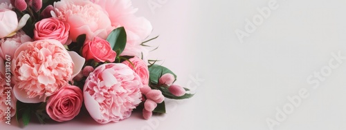 Fresh bunch of pink peonies and roses with copy space. © Ahasanara