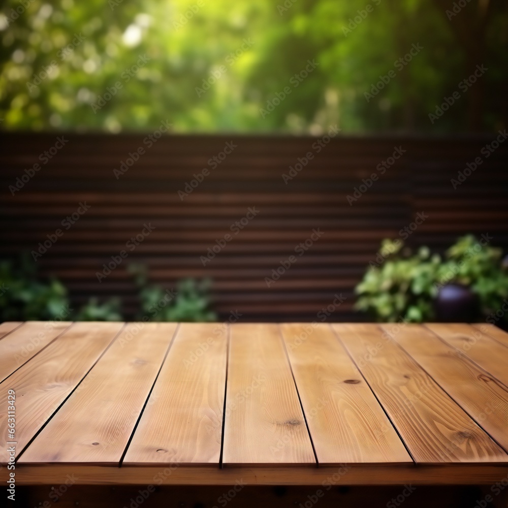 Empty wooden table top with garden and flowers background. Empty wooden table top with garden and flowers background.