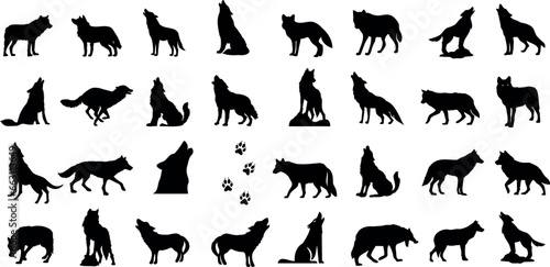 Wolf Silhouette Vector Illustration, perfect for wildlife enthusiasts, featuring a howling wolf against a moonlit sky. Ideal for use in projects related to nature, wildlife, and wilderness