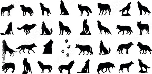 Wolf Silhouette Vector Illustration, perfect for wildlife enthusiasts, featuring a howling wolf against a moonlit sky. Ideal for use in projects related to nature, wildlife, and wilderness

