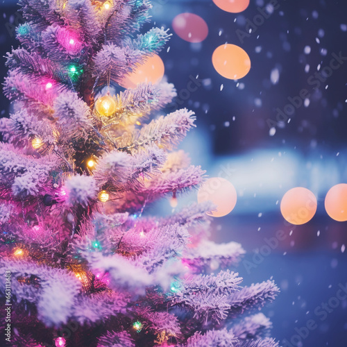 Big Christmas tree outside on a snowy night