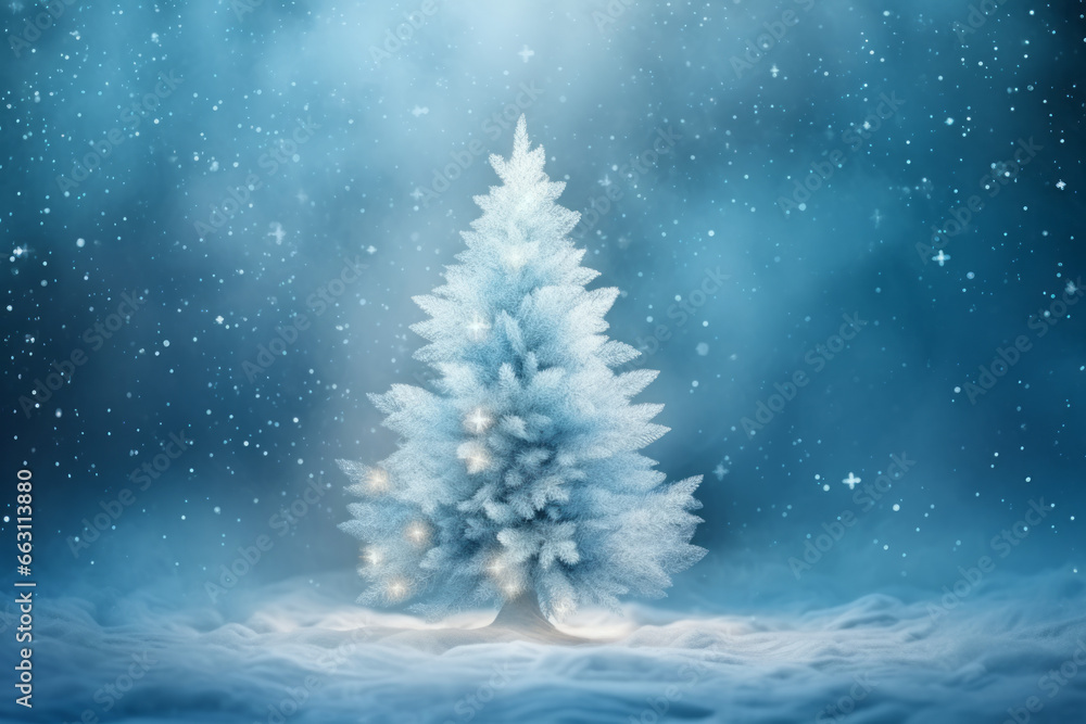 Beautiful winter background with a fantasy tree in the snow and frost-covered branches